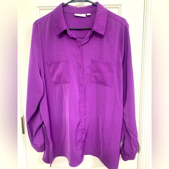 Susan Graves Silky Purple Button Down Blouse Sz 16 Sexy CEO City Girl Boho Vibes - Picture 1 of 11